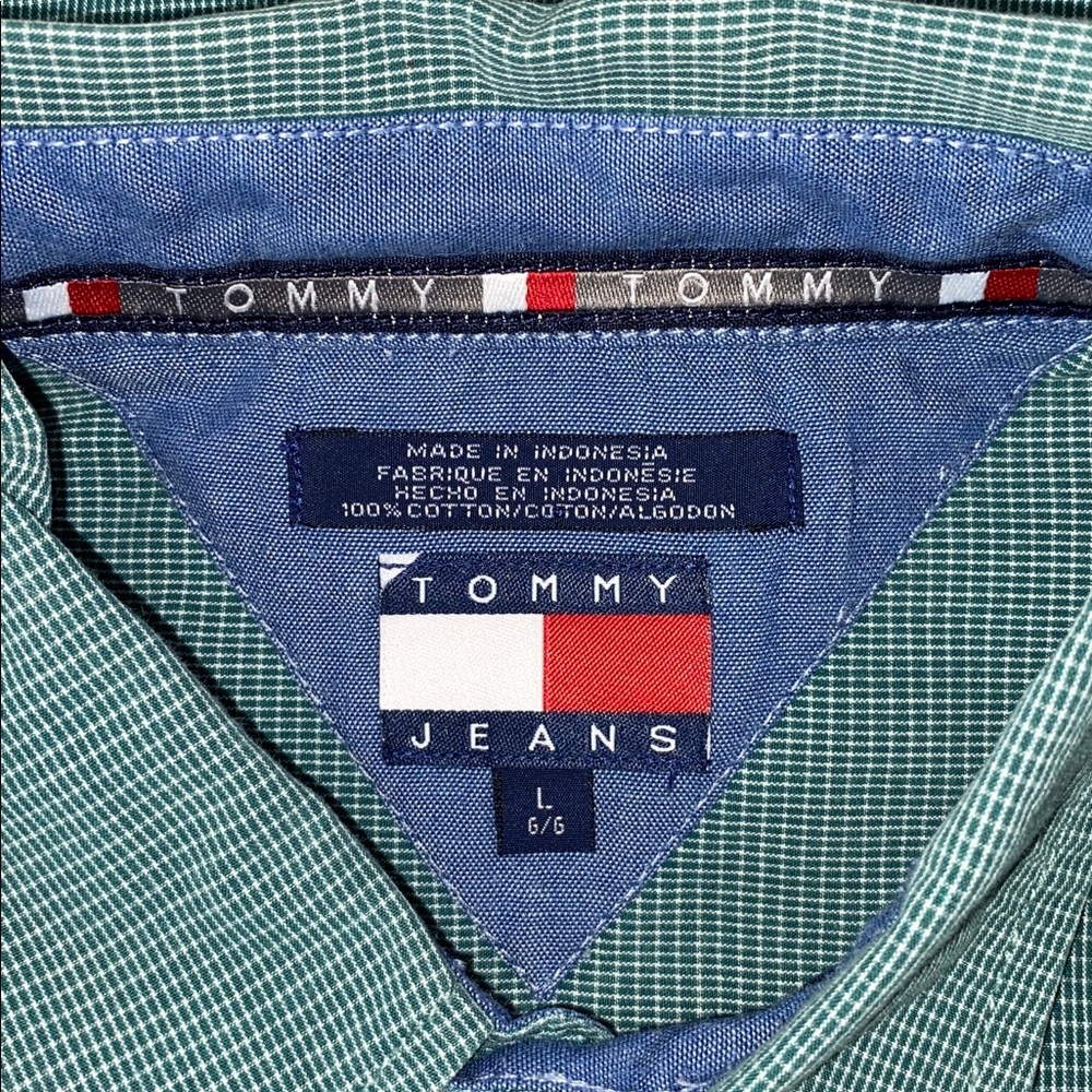 Vintage Tommy Hilfiger Button Front Short Sleeve Shirt Mens Large Blue/Green - Picture 8 of 8